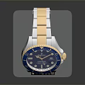 Luxury Wrist Watch Featuring Blue Dial Golden Strap On Transparent Display Stand With Price Tag