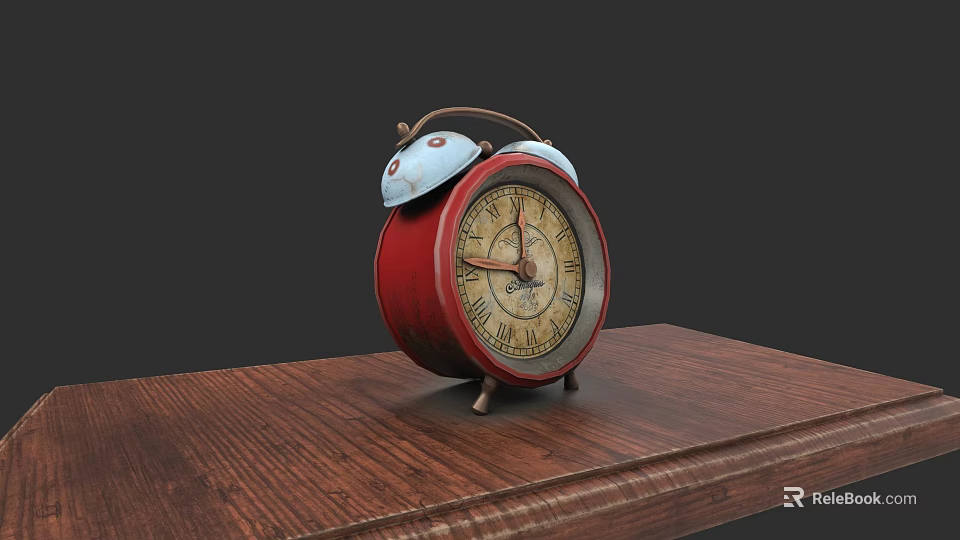 Vintage Red Alarm Clock With Bells And Roman Numerals On Wooden Table 3d model 