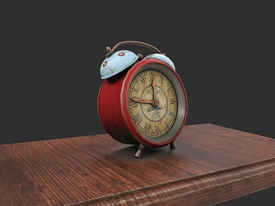 Vintage Red Alarm Clock With Bells And Roman Numerals On Wooden Table 3d model