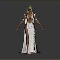 Woman With Blonde Hair In White Dress With Slit Golden Waist Decoration On Grey Background