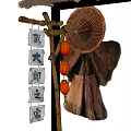 Traditional Straw Raincoat Display With Straw Hat Red Lanterns And Wooden Signboard