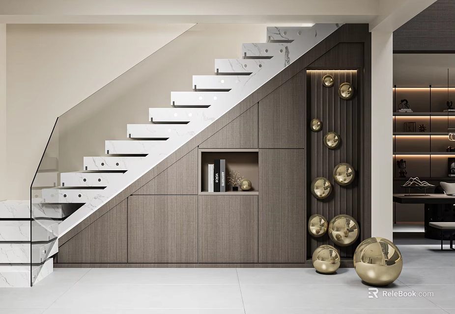 Modern Floating Staircase With Built In Storage And Gold Decor 3d model