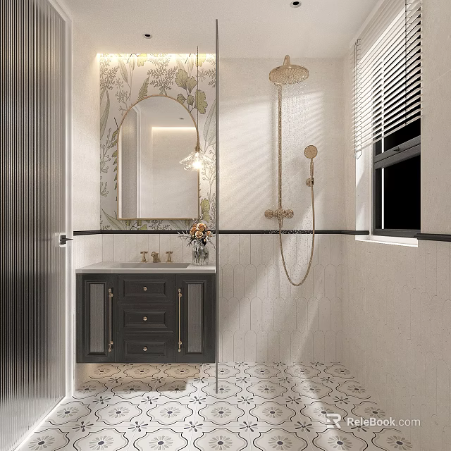 Modern Bathroom Interior Design With Mirror Vanity Shower And Patterned Floor Tiles 3d model 