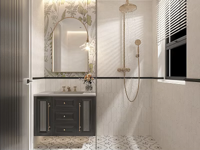 Modern Bathroom Interior Design With Mirror Vanity Shower And Patterned Floor Tiles 3d model