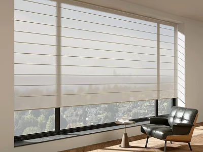 Elegant Roman Blinds For Large Window Interior With City View And Leather Chair 3d model