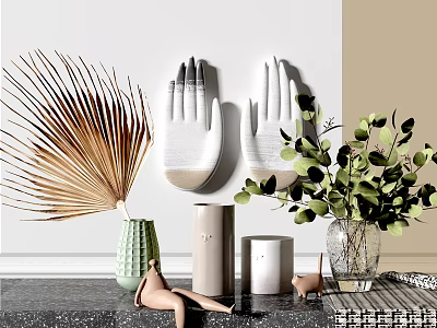 Modern Decorative Ornament Set With Palm Leaf Hand Shaped Wall Decor Green Plants And Vases 3d model