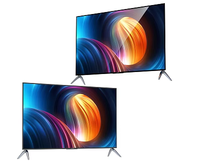 Two Modern Televisions with Vibrant Abstract Colorful Patterns and Sleek Metal Stands 3d model