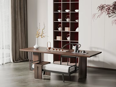 Elegant Modern Chinese Tea Table and Chairs with Wooden Display Shelf and Decorative Tea Sets 3d model