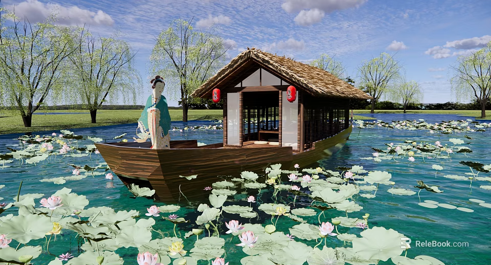 Traditional Wooden Boat With Thatched Roof And Red Lanterns On Lotus Covered Water 3d model 
