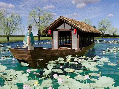 Traditional Wooden Boat With Thatched Roof And Red Lanterns On Lotus Covered Water 3d model