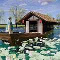 Traditional Wooden Boat With Thatched Roof And Red Lanterns On Lotus Covered Water