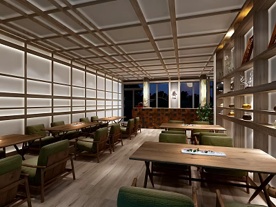 Modern Restaurant Interior With Wooden Tables Green Seats And Decorative Shelves 3d model