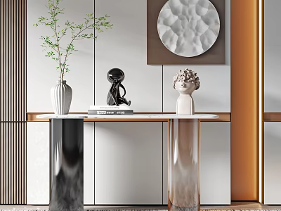 Modern Console Table Featuring White Vase Green Plant Black Sculpture Figurine And Circular Painting 3d model