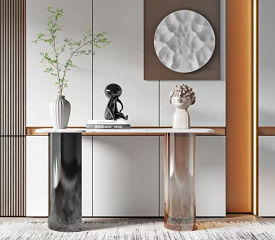 Modern Console Table Featuring White Vase Green Plant Black Sculpture Figurine And Circular Painting 3d model