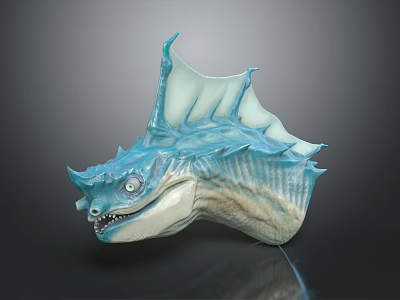 Detailed Blue Spiked Finned Game And Movie Fantasy Character Head With Sharp Teeth 3d model