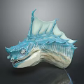 Detailed Blue Spiked Finned Game And Movie Fantasy Character Head With Sharp Teeth
