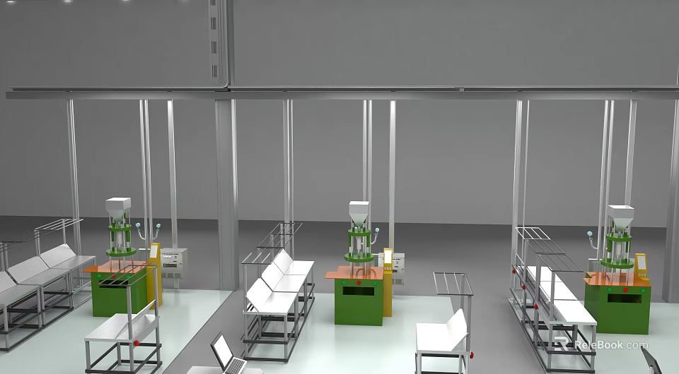 Industrial Equipment In Modern Factory Workshop With Robotic Arms Metal Worktables And Steel Frames 3d model 