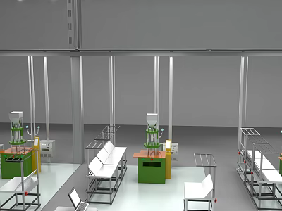 Industrial Equipment In Modern Factory Workshop With Robotic Arms Metal Worktables And Steel Frames 3d model