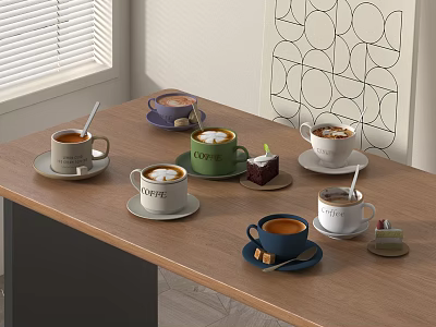 Various Coffee Cups With Unique Designs On Wooden Table Alongside Mini Pastries And Wall Art 3d model