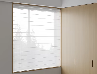 Window Blinds Filtering Natural Light In Room With Wooden Cabinets And Trees Outside 3d model