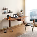 Modern Wooden Desk With Laptop Desk Lamp Potted Plant Wall Shelf And Window View