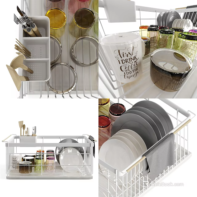 Organized Kitchen Cabinets Interior With Plate Racks Utensil Trays And Cup Holders 3d model 