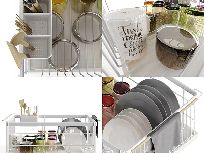 Organized Kitchen Cabinets Interior With Plate Racks Utensil Trays And Cup Holders 3d model