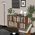 Modern Wooden Bookcase Filled With Books Potted Plants Table Lamp And Decorative Items