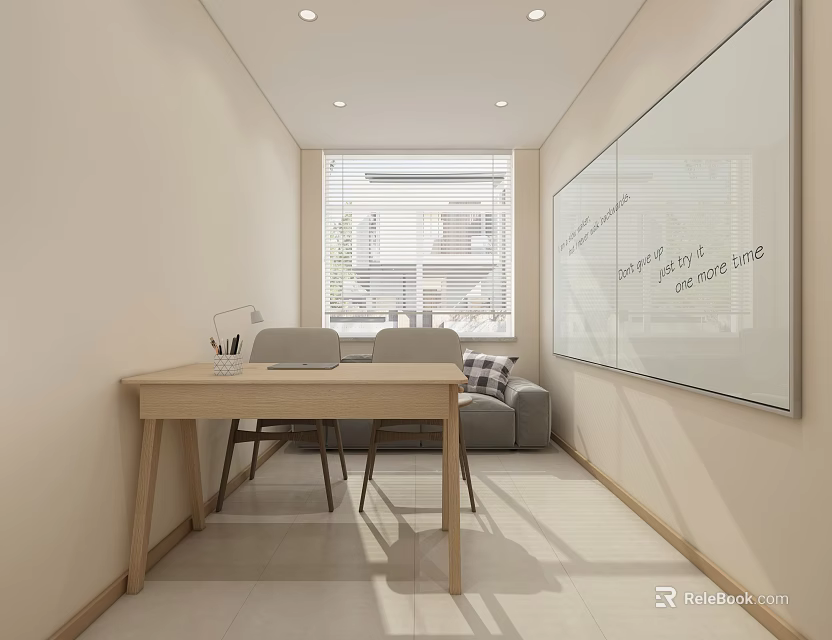Minimalist Office Interior With Wooden Desk Chairs Sofa Whiteboard And Blinds 3d model 