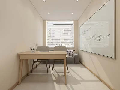 Minimalist Office Interior With Wooden Desk Chairs Sofa Whiteboard And Blinds 3d model