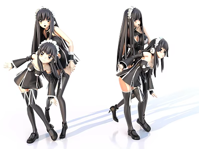 Women in Maid Outfits with Long Black Hair Different Poses White Background 3d model