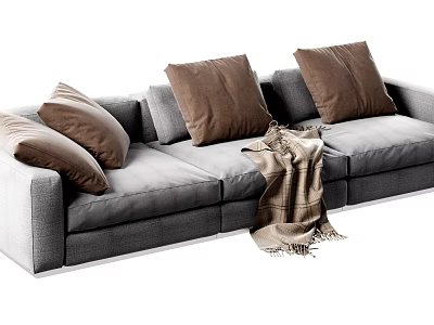 Modern Gray Three Seater Sofa With Brown Cushions And Throw Blanket 3d model