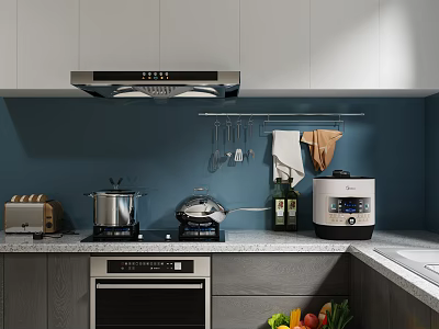Modern Kitchen Interior With Gray Cabinets Appliances Countertop And Fresh Produce 3d model