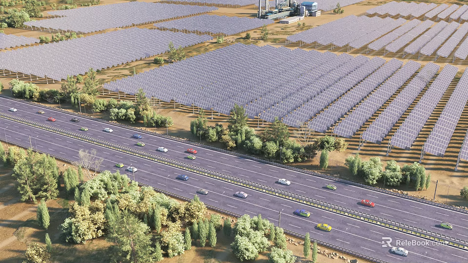 Industrial Solar Power Plant With Large Photovoltaic Panels Array Roads Vehicles And Greenery 3d model 
