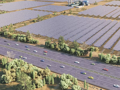 Industrial Solar Power Plant With Large Photovoltaic Panels Array Roads Vehicles And Greenery 3d model