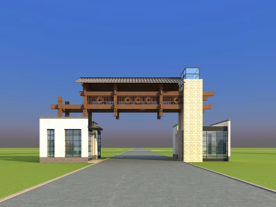 Traditional Chinese Paifang Archway Wooden Structure Tile Roof Side Buildings Green Lawn Blue Sky 3d model