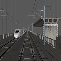 High Speed Train Running On Rail Tracks With Platform And Electric Poles 3d model