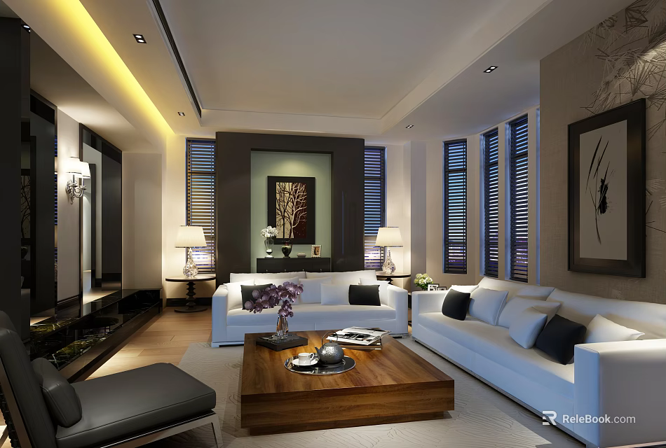 Modern Living Room Interior Design With White Sofa Black Armchair And Wooden Coffee Table 3d model 