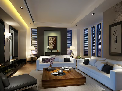 Modern Living Room Interior Design With White Sofa Black Armchair And Wooden Coffee Table 3d model