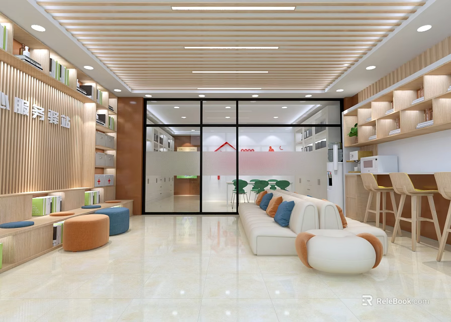 Modern Service Reception Area With Wooden Decor Sofa Bookshelves And Glass Windows 3d model 
