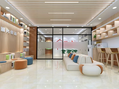 Modern Service Reception Area With Wooden Decor Sofa Bookshelves And Glass Windows 3d model