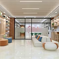 Modern Service Reception Area With Wooden Decor Sofa Bookshelves And Glass Windows
