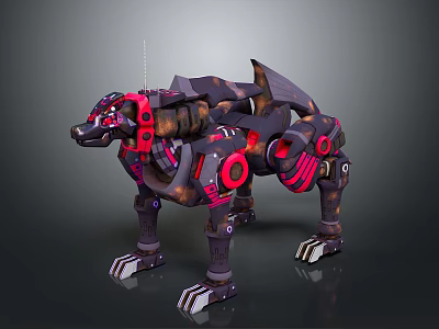 Sci Fi Mechanical Wolf Robot With Red Accents And Cybernetic Parts Design 3d model