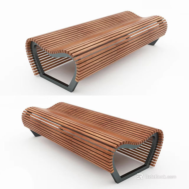 Wooden Public Bench with Slatted Design and Curved Structure and Metal Frame 3d model 