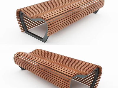 Wooden Public Bench with Slatted Design and Curved Structure and Metal Frame 3d model