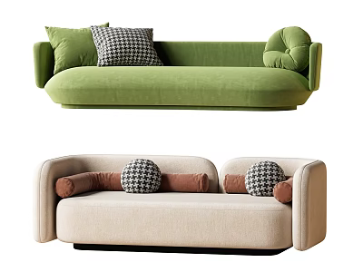 Comfortable Modern Green and Beige Double Sofa with Checkered Decorative Pillows 3d model