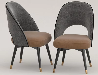 Modern Dining Chairs With Curved Gray Backrest And Brown Seat Black Legs Gold Accents 3d model