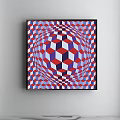 Modern Abstract Painting Featuring Blue Gray Red Geometric Patterns And Optical Illusion Wall Art