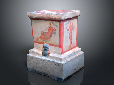 Ancient Painted Container With Colorful Figures Floral Motifs And Base Head Ornament 3d model