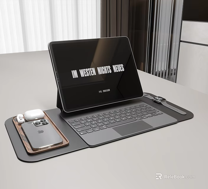 Modern Tablet Workstation With Keyboard Phone Stand And Smartwatch On Desk 3d model 